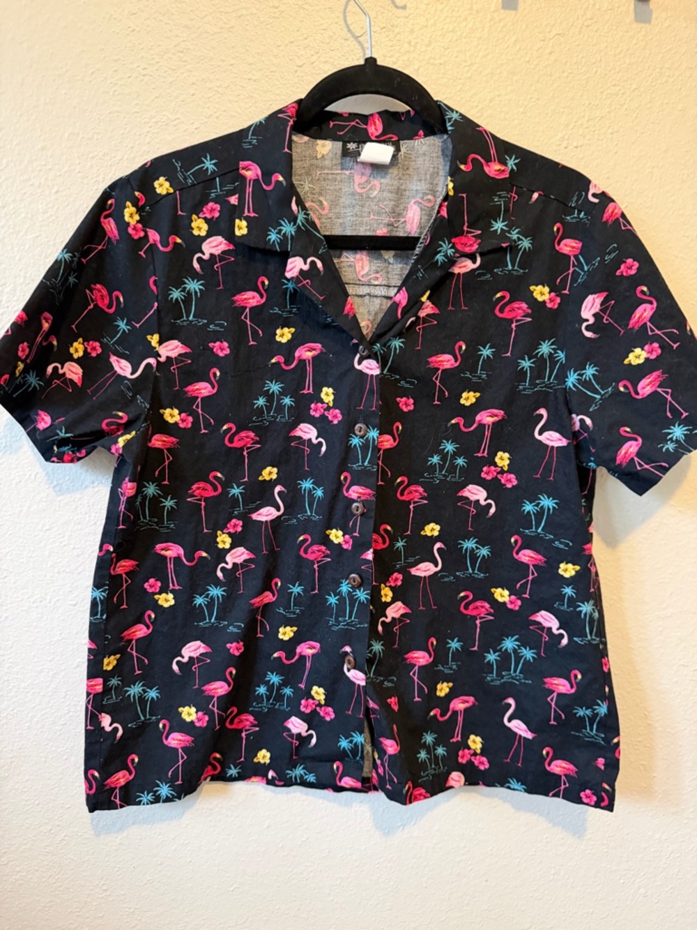 Puanani by RJC Flamingo Palm Tree Hawaiian Shirt Black Size L Made in Hawaii